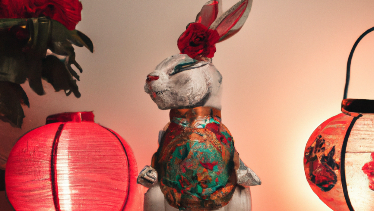 DALL·E 2023-01-21 22.39.31 - Uma imagem fotografica de um coelho com lanternas coloridas e flores, simbolizando o Ano Novo Chinês e o Ano do Coelho.